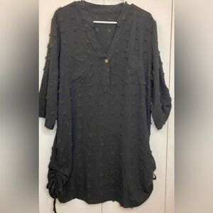 Black Textured Shirt Dress with Ruched Sides & Pom Pom Ptp23”